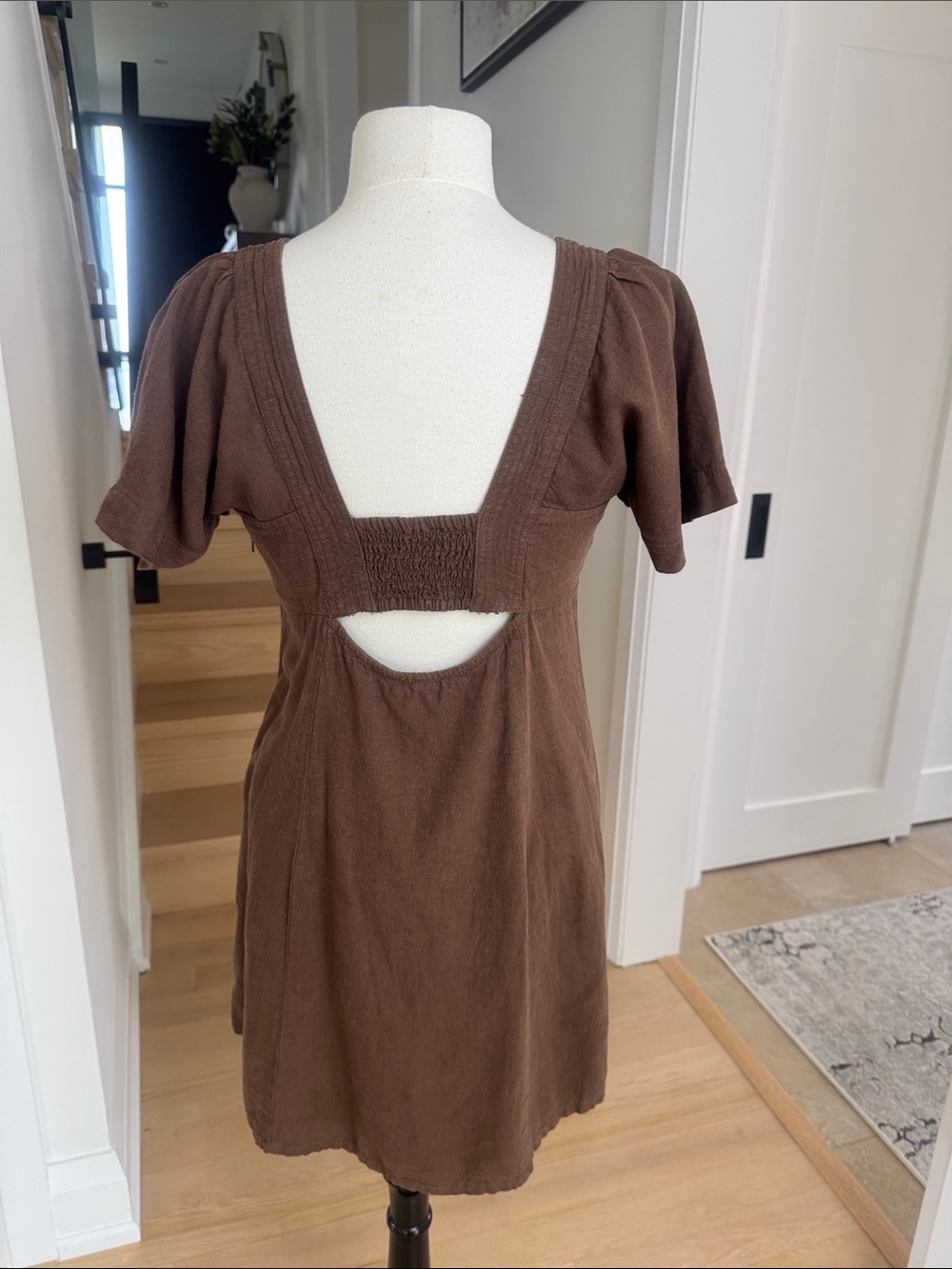Oak + Fort Brown Linen Blend Mini Dress Size Medium Cottagecore - Picture 3 of 5